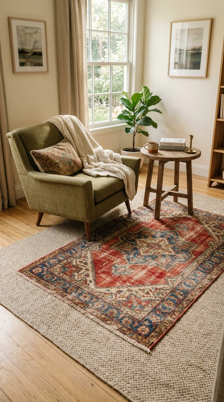 Layering Rugs the Right Way (12 Ideas) 3 002 Vintage Rug Layer A cozy sitting area with a large