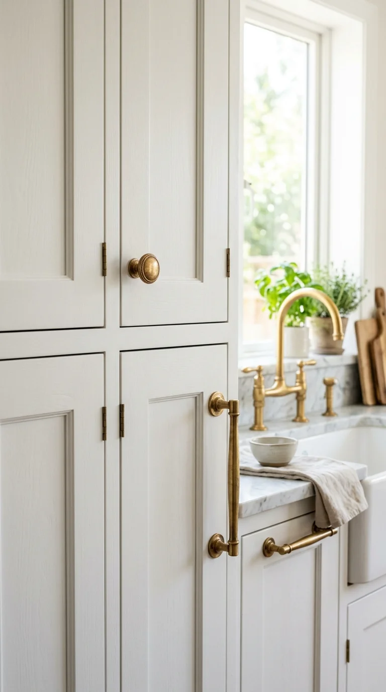 002 Warm Brass Hardware A close up kitchen scene showi