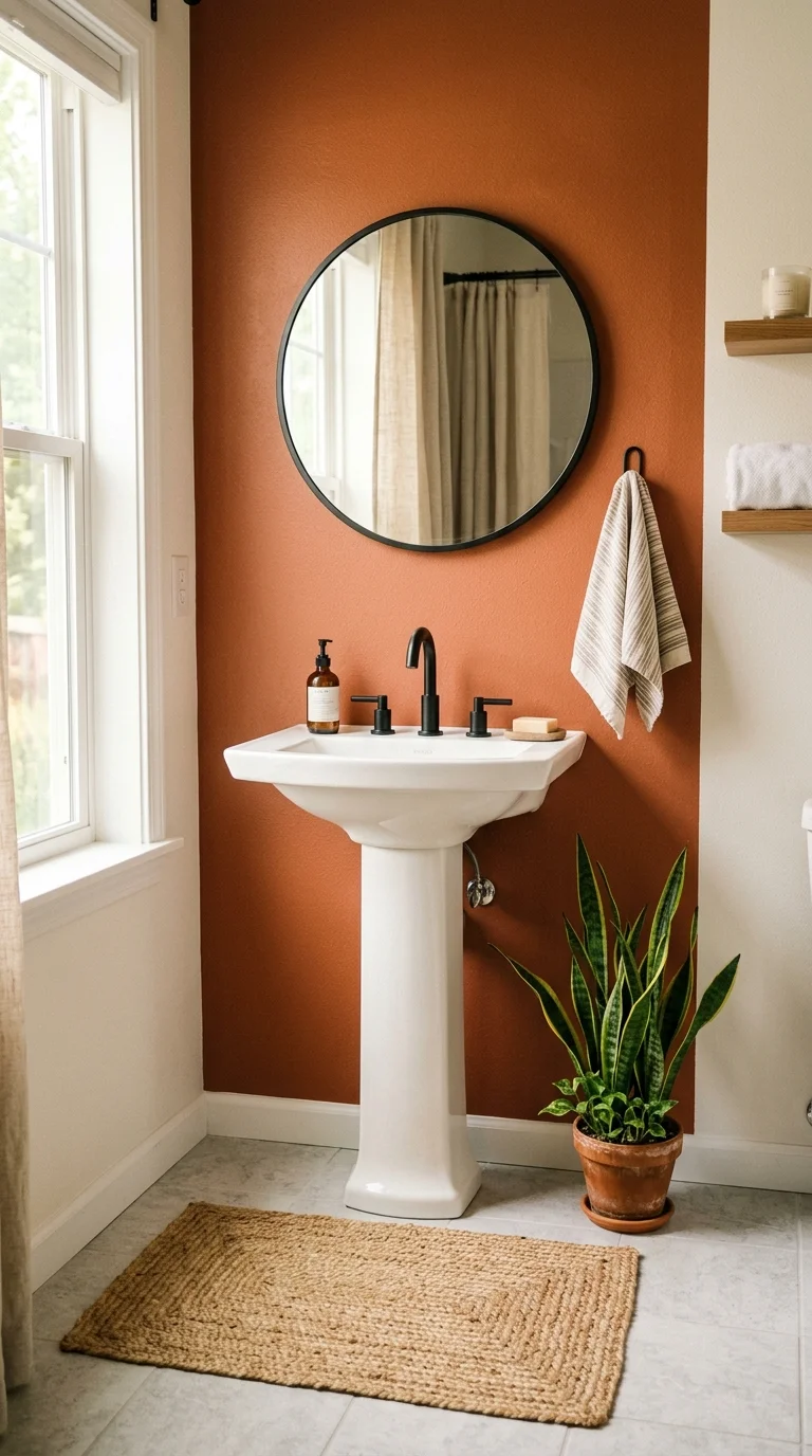 002 Warm Terracotta Tones A sunlit bathroom with a ter
