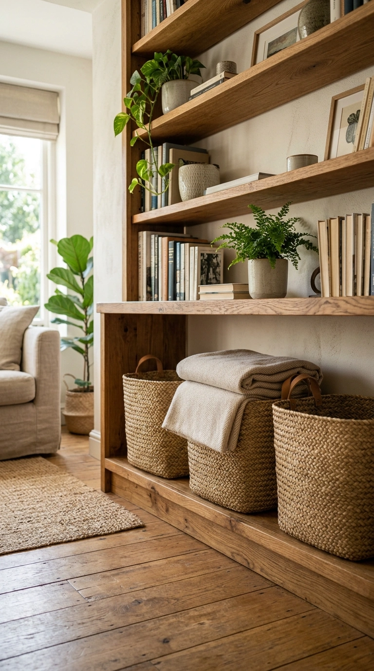 Living Room Shelves Styled Right: 19 Ideas 3 002 Woven Basket Base A bookcase in a sunlit living ro
