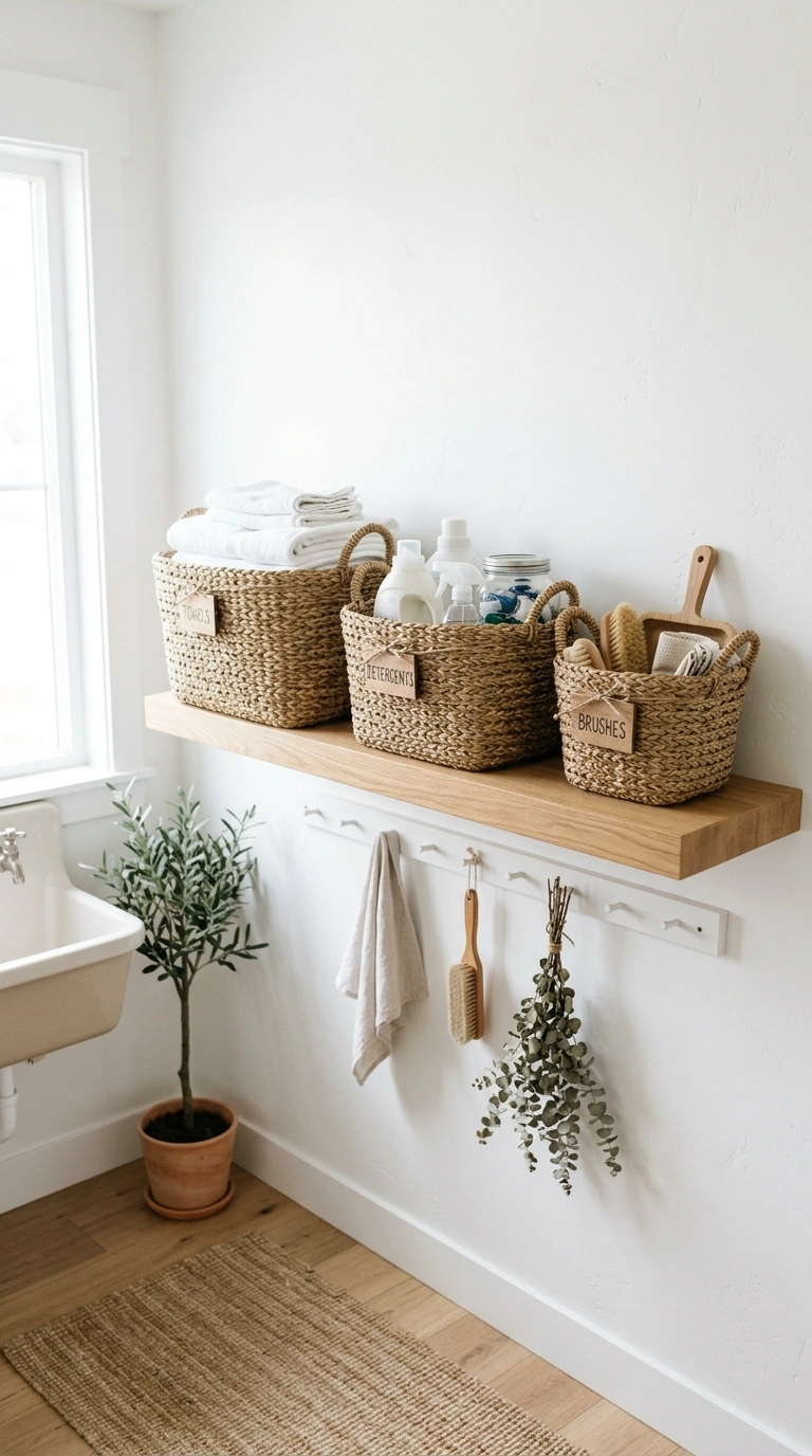 Laundry Shelves Styled Beautifully (13 Ideas) 3 002 Woven Basket Storage A laundry shelf holding three