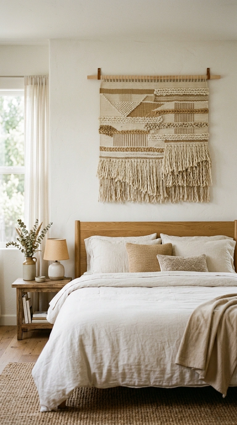 What to Put Above Your Bed: 20 Wall Decor Ideas 3 002 Woven Wall Hanging A bed with a large cream and ta