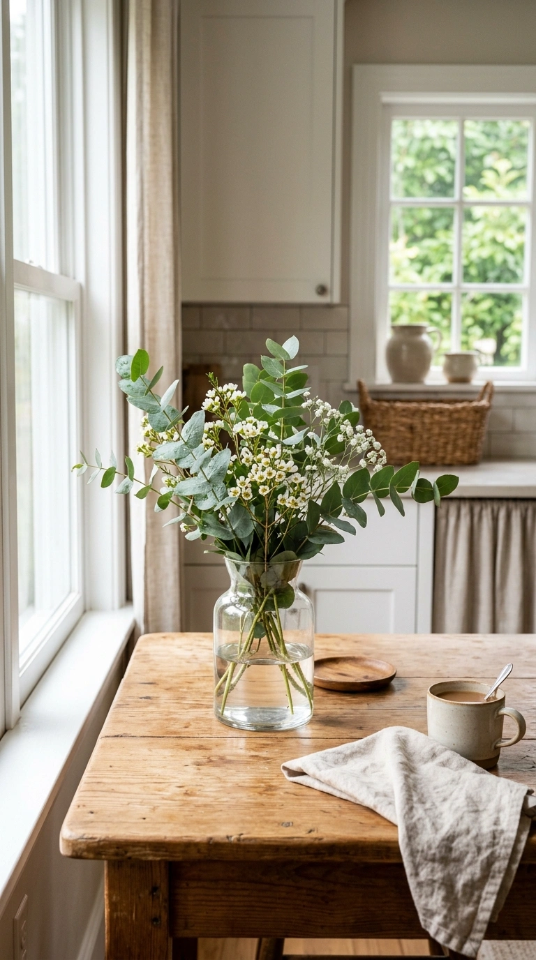 21 Easy Seasonal Updates for Anyone Decorating on a Budget 4 003 Add Fresh Greenery A wooden kitchen table with a s