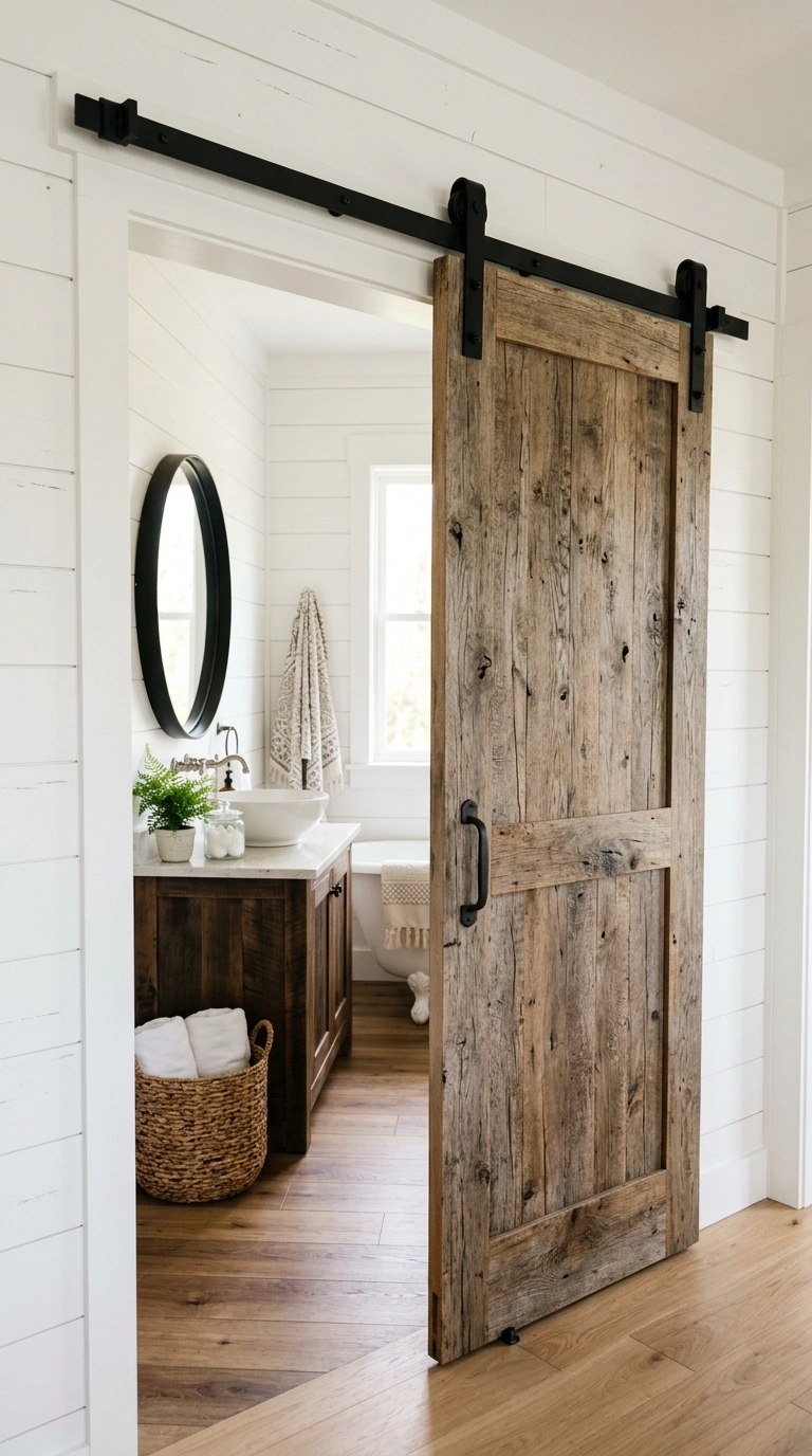 Farmhouse Bathrooms Done Right: 14 Inspiring Looks 4 003 Barn Door Entry A farmhouse bathroom with a slidin