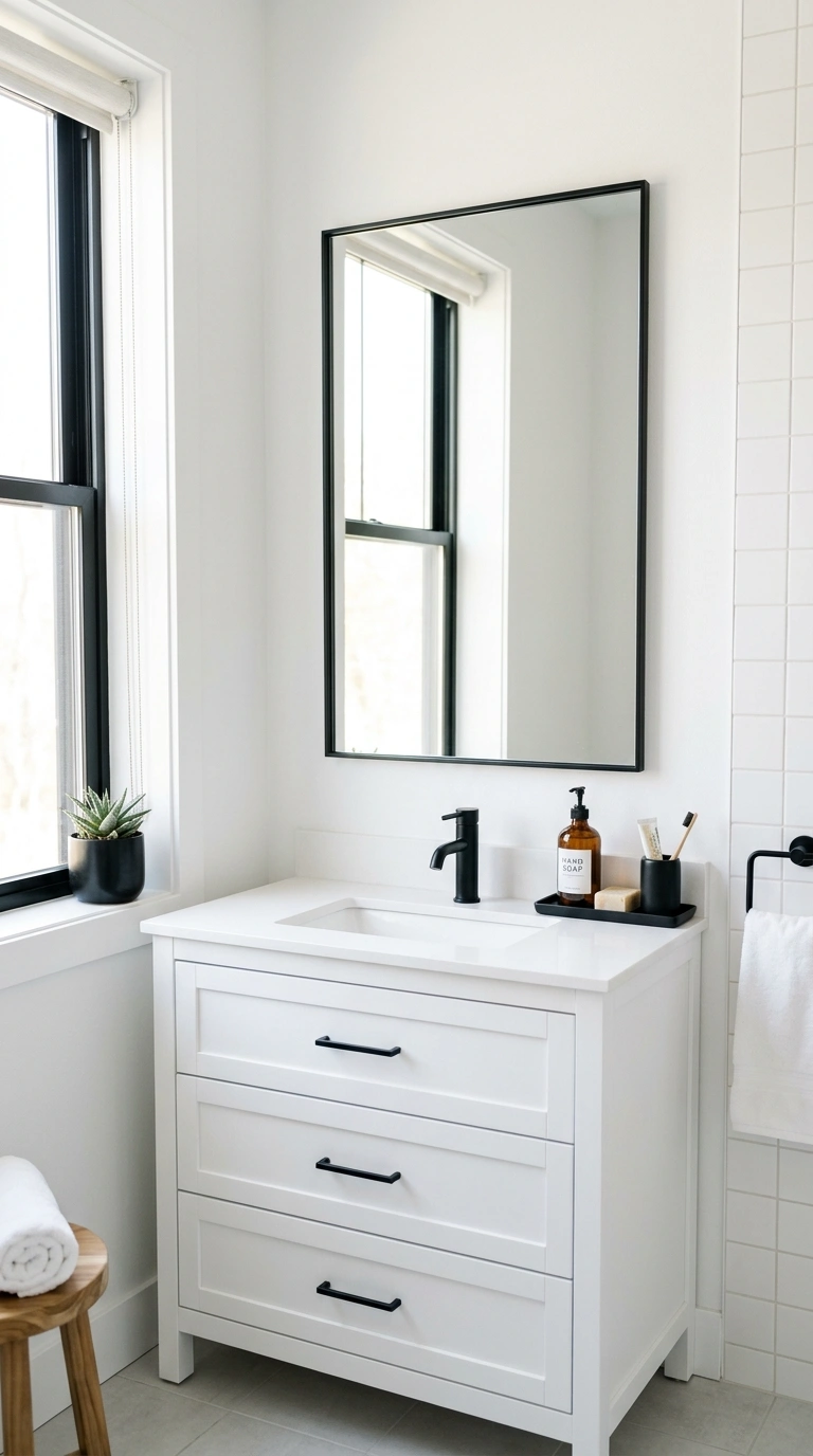 003 Black Metal Frame A white bathroom with a rectangu