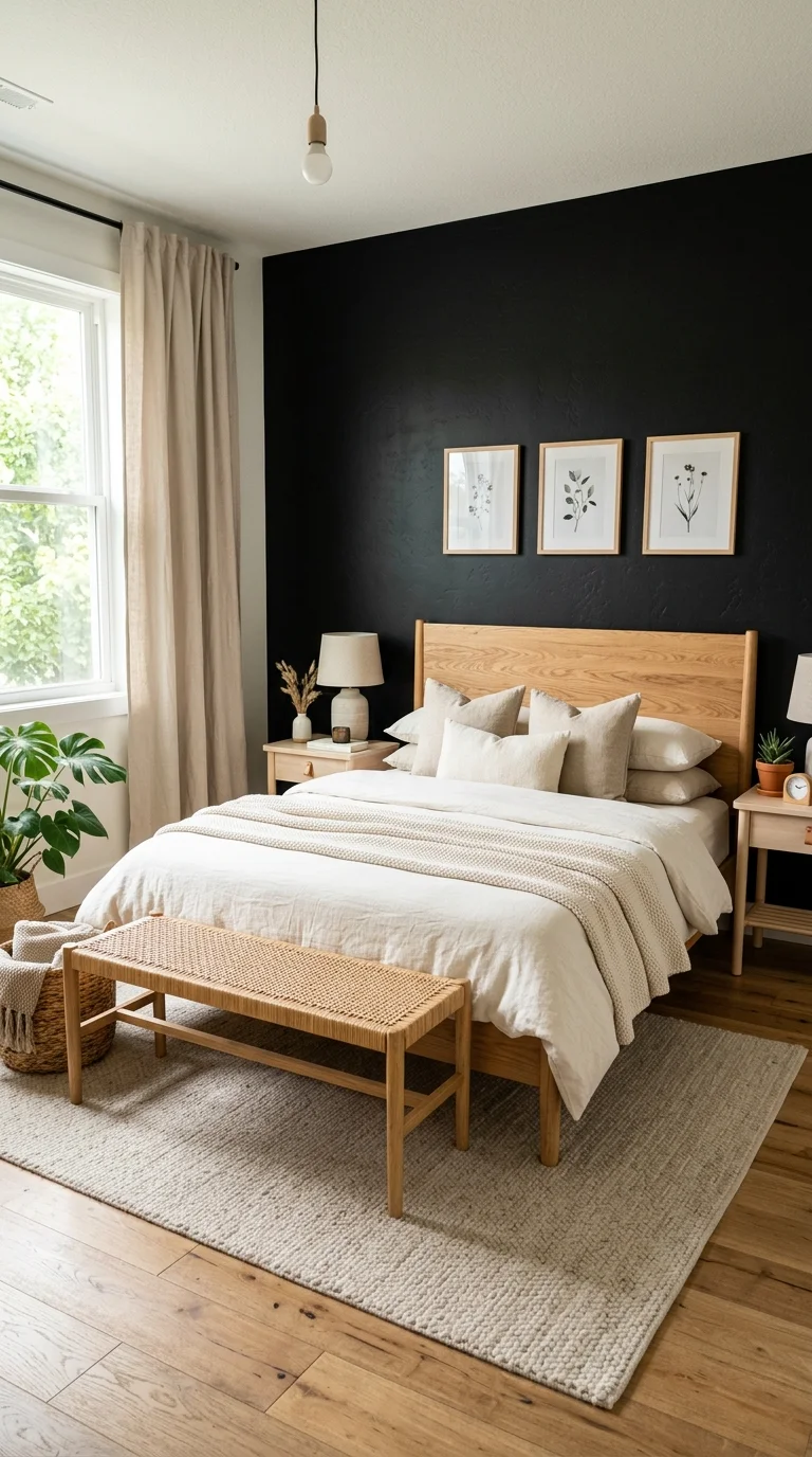 20 Hottest Black Accent Wall Ideas Taking Over Home Decor 4 003 Black Wall With Wood A cozy modern bedroom with a