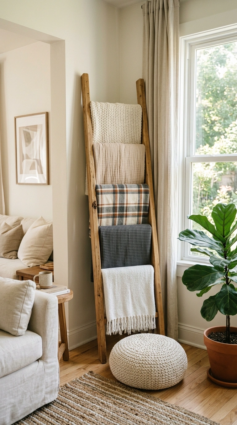 003 Blanket Ladder Corner A wooden ladder leaned again
