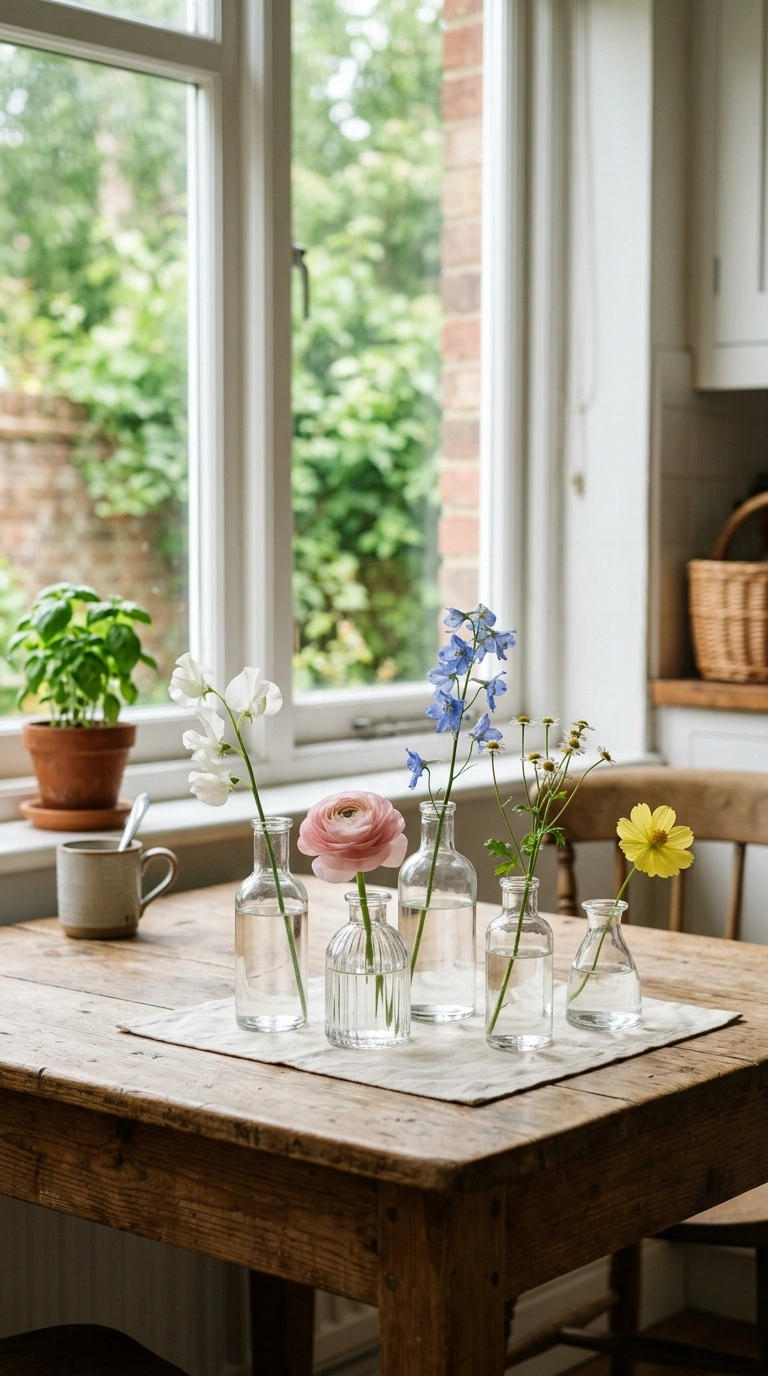 Small Kitchen Table? 12 Ways to Style It 4 003 Bud Vase Cluster A small wood kitchen table with a