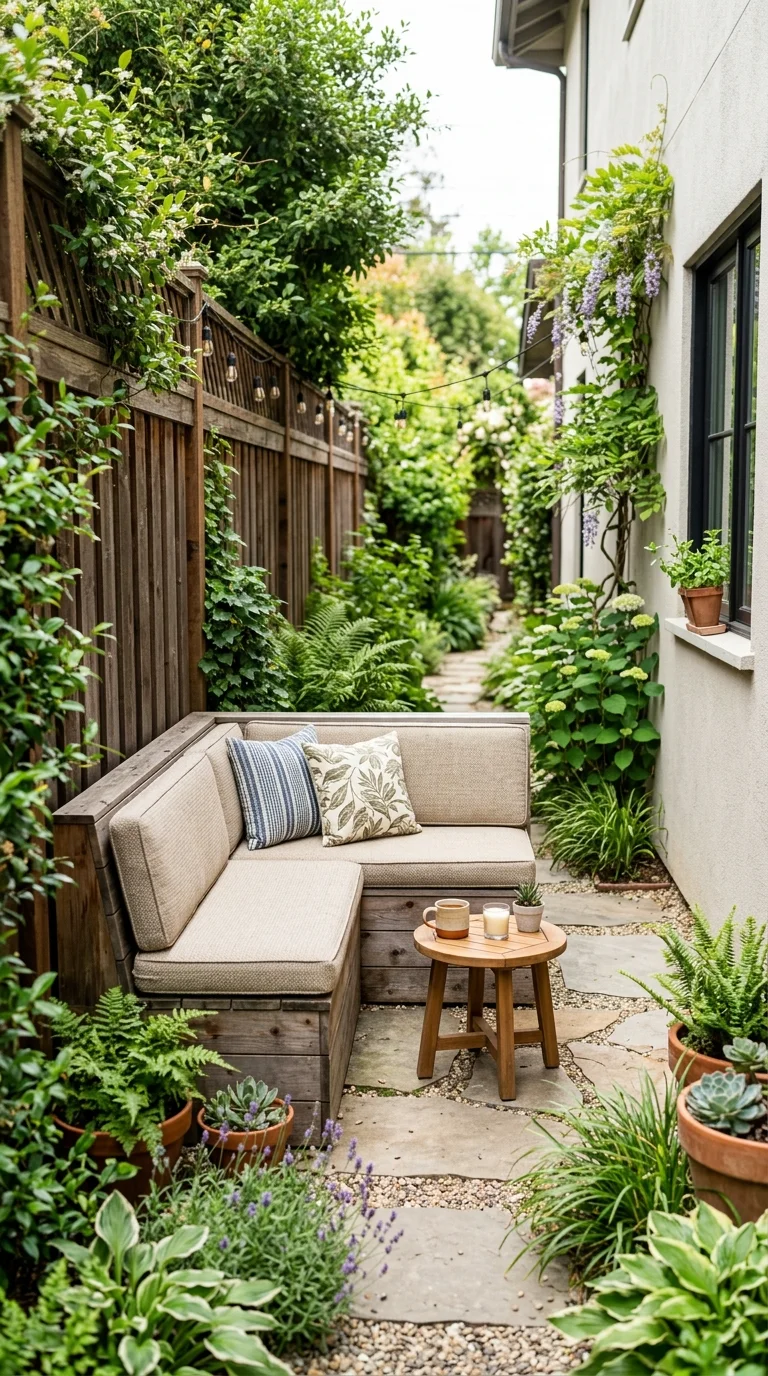 003 Built In Bench Corner A narrow side yard with a bu
