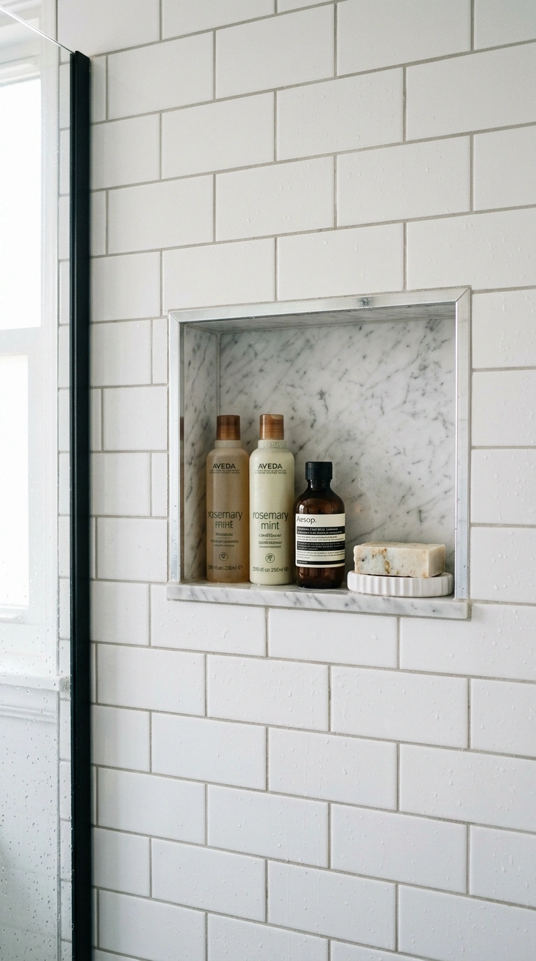 003 Built In Niche A small shower with a recessed wall