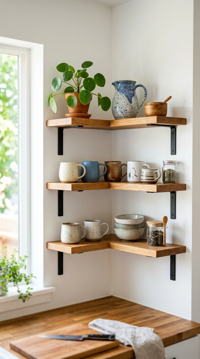 003 Corner Open Shelves A set of wood shelves mounted
