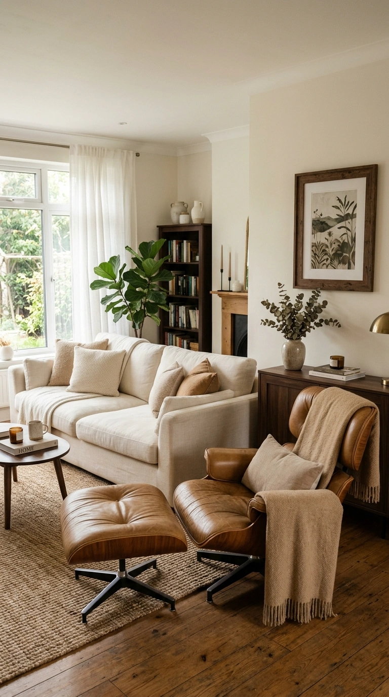 003 Cream and Camel Mix A living room with a cream sof