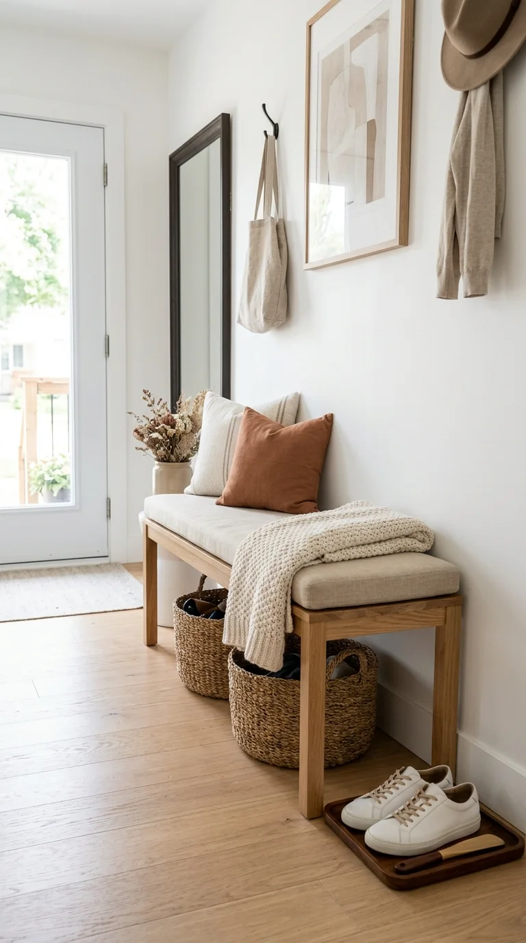 003 Cushioned Entry Bench A slim wooden bench against