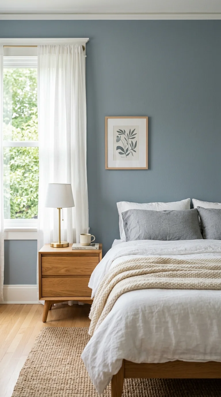 003 Dusty Blue Gray A bedroom with dusty blue gray wal
