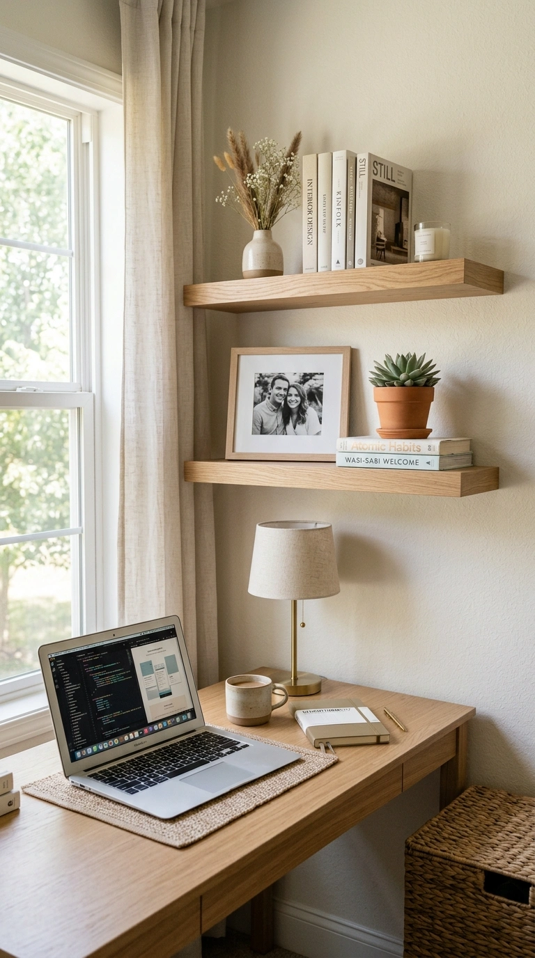 003 Floating Shelf Display A row of light wood floatin