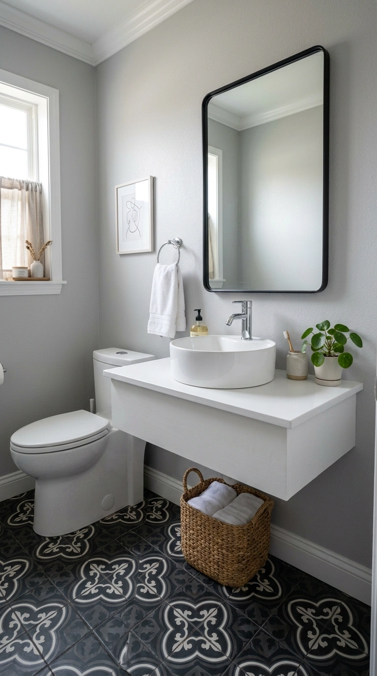 Small Half Bath? Here Are 11 Ideas That Make It Shine 4 003 Floating Vanity Shelf A small half bathroom with a