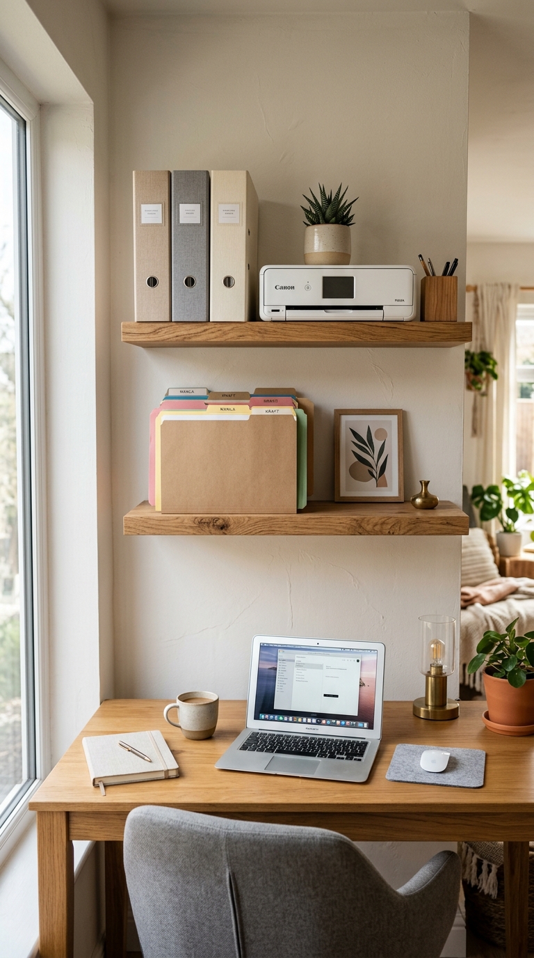 Home Office Storage That Keeps You Sane 4 003 Floating Wall Shelves Two floating wooden shelves