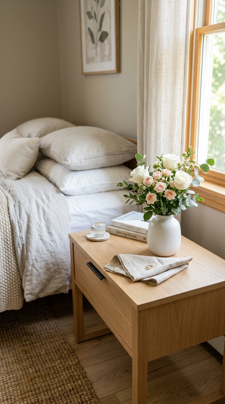 Nightstand Styling 101: 12 Looks to Try 4 003 Fresh Flower Accent A bedroom nightstand with a sm