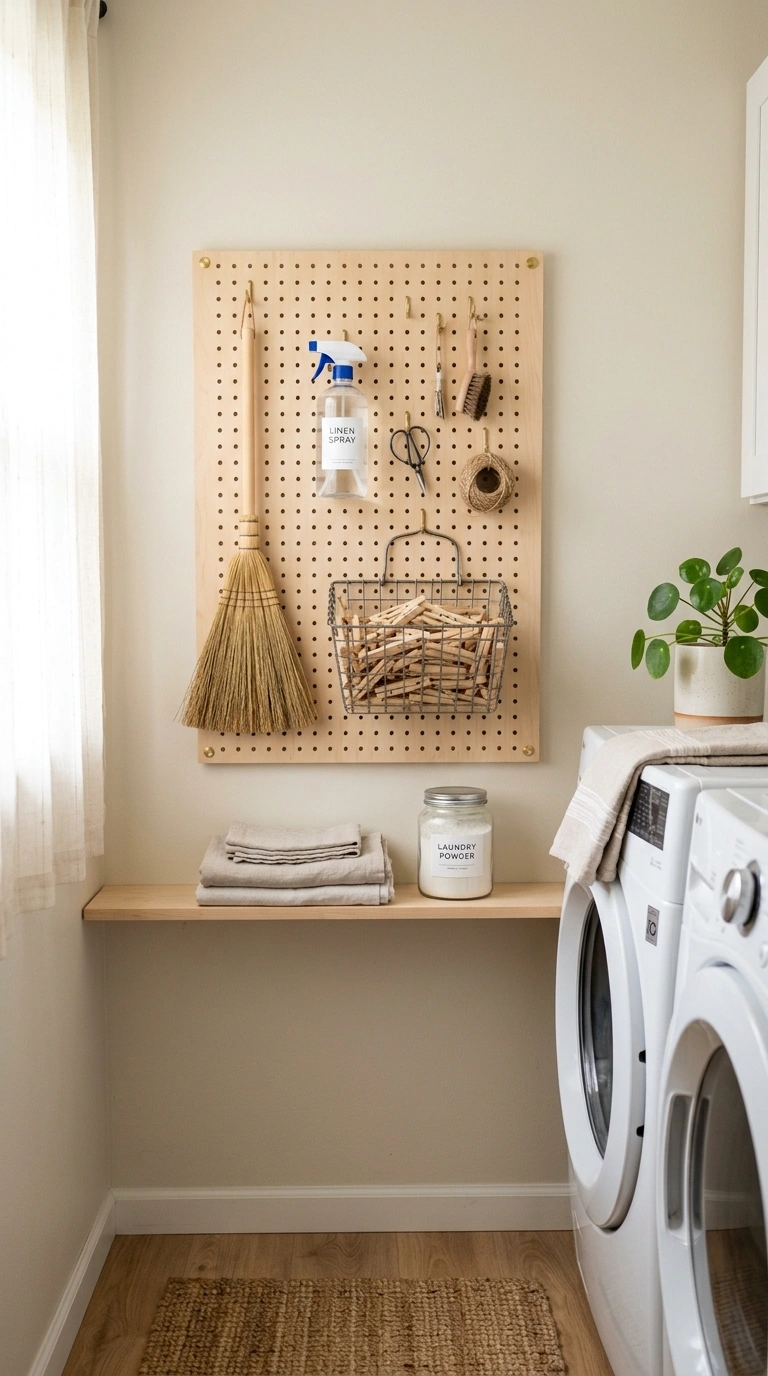 Small Laundry Room? 16 Organization Ideas That Help 4 003 Hang A Pegboard A small laundry room wall with a l