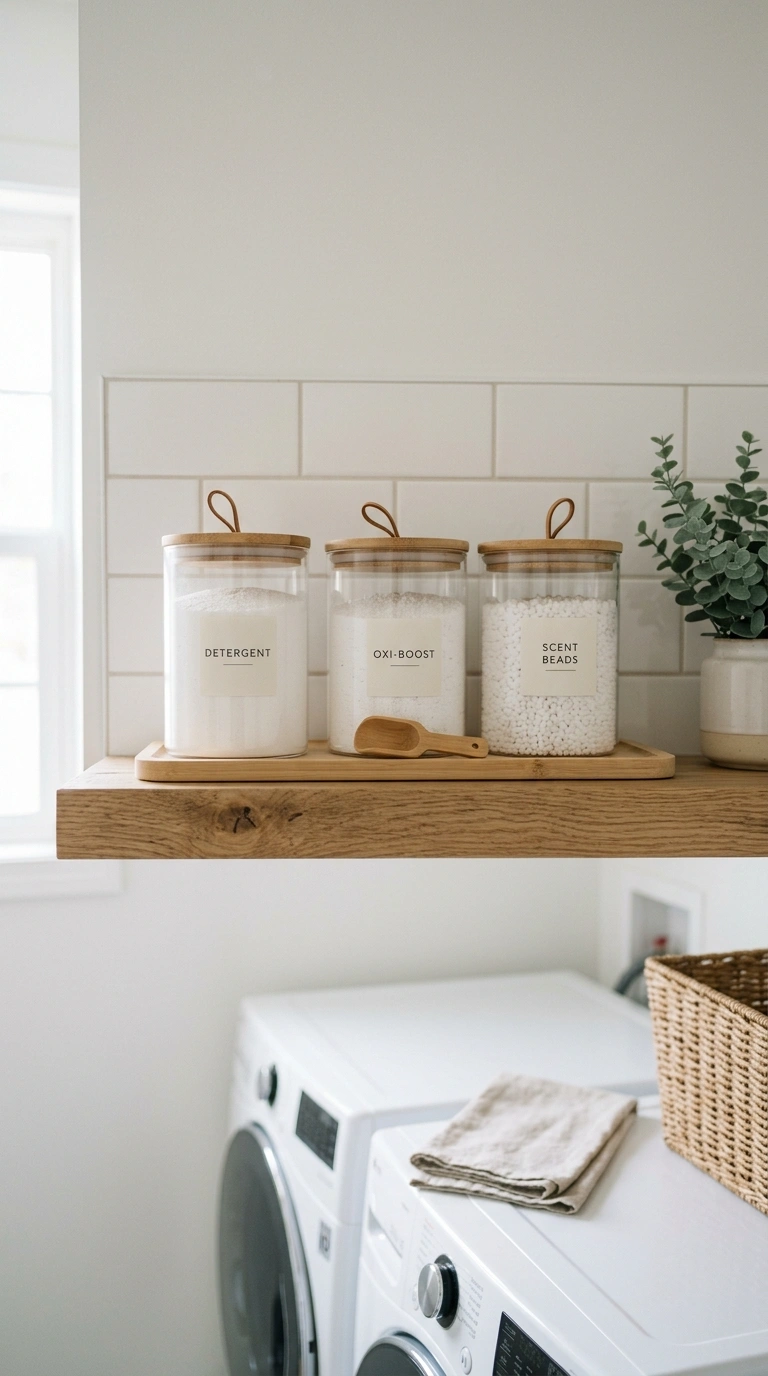 Laundry Shelves Styled Beautifully (13 Ideas) 4 003 Labeled Glass Canisters A laundry room shelf lined