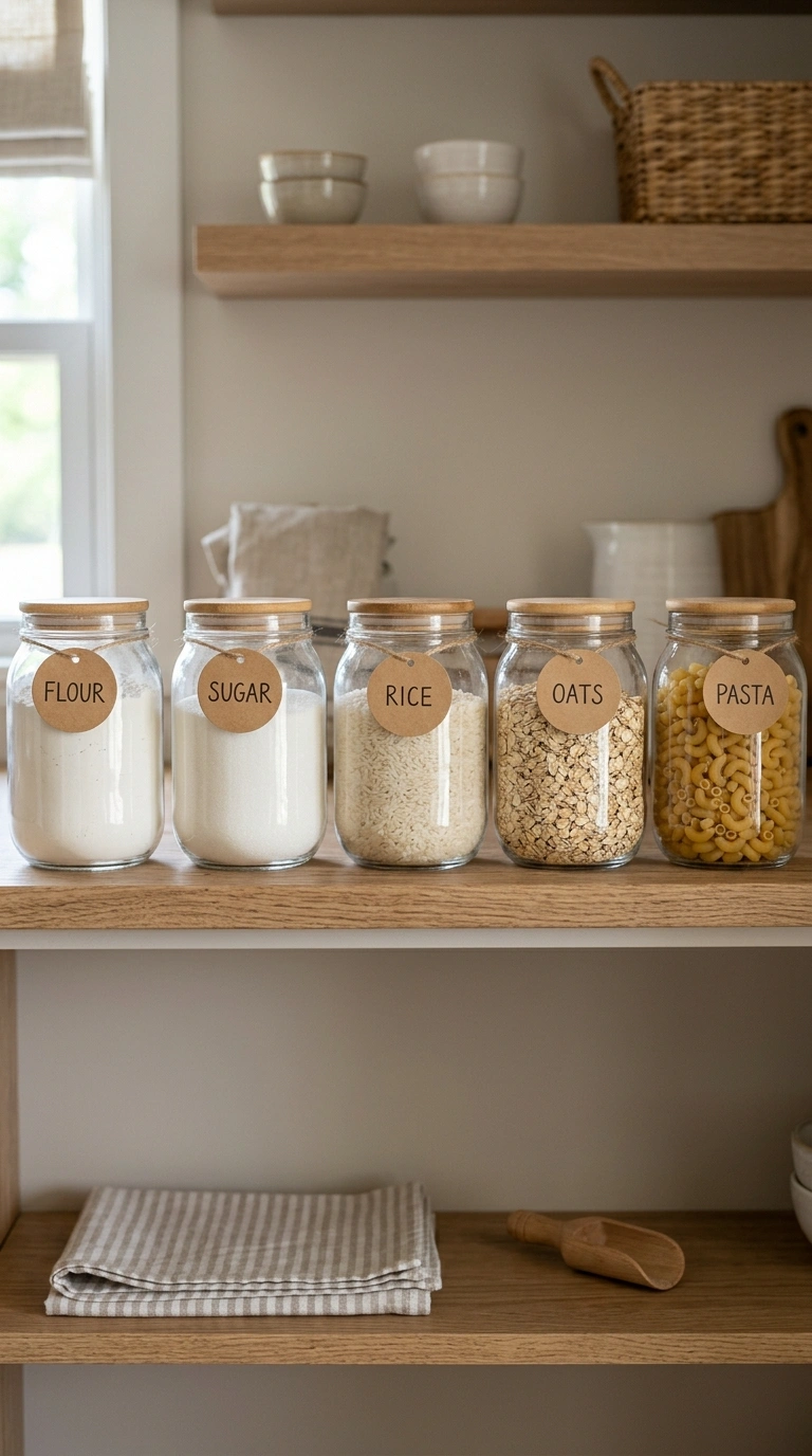 003 Labeled Glass Jars A pantry shelf lined with match