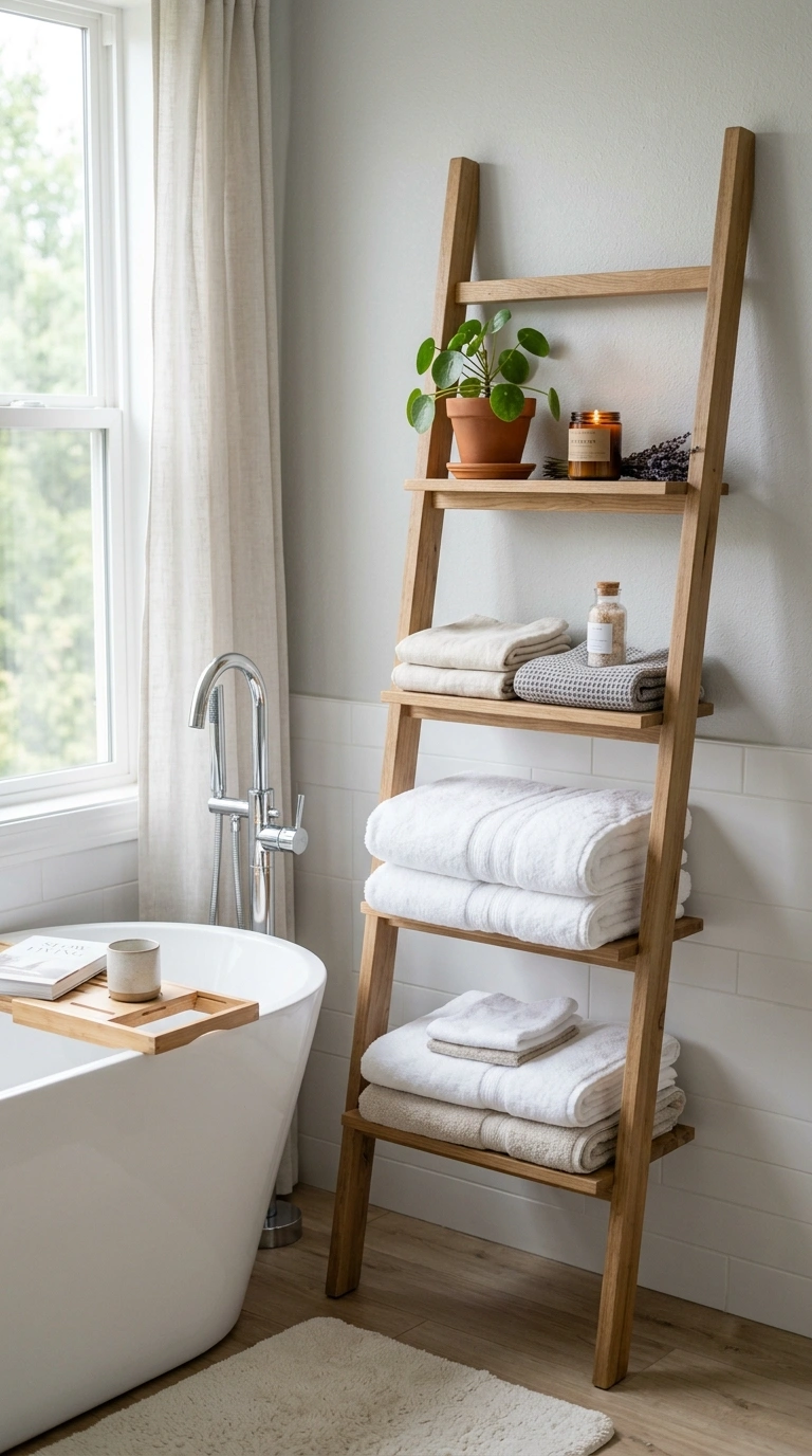 003 Ladder Shelf Display A natural wood ladder shelf l