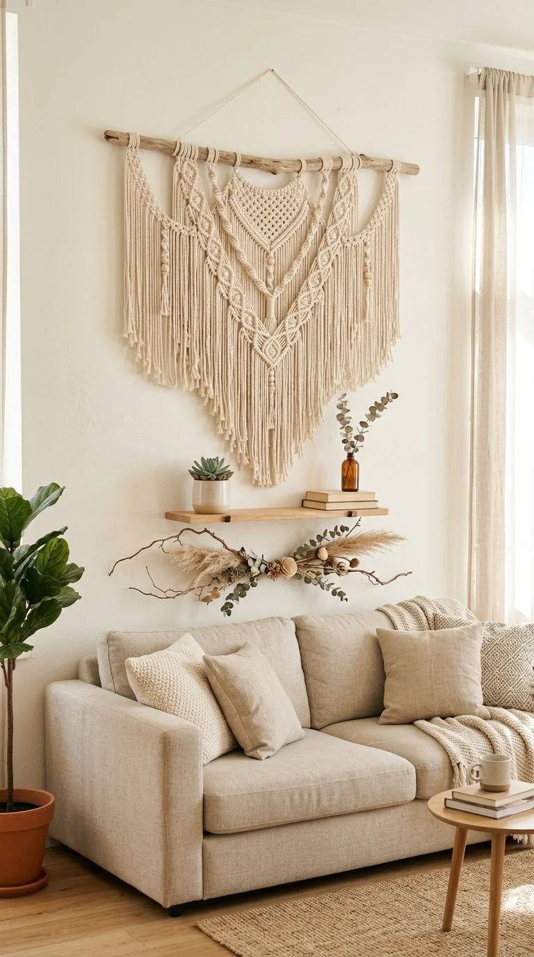 23 Budget Boho Living Rooms That Look Anything But Cheap 4 003 Macrame Wall Hanging A large cream macrame wall ha 1