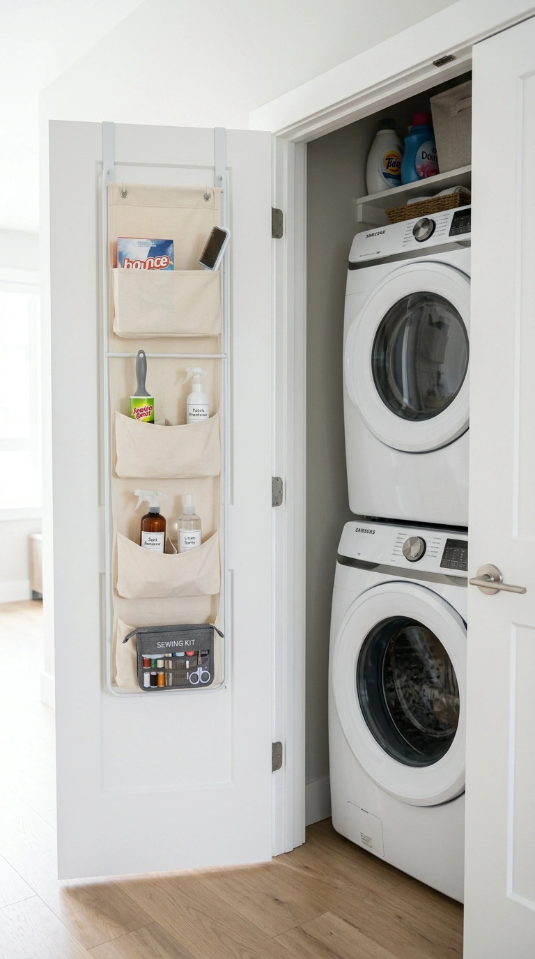Laundry Closet Storage for Tiny Spaces (11 Ideas) 4 003 Over Door Rack The inside of an open white bifold
