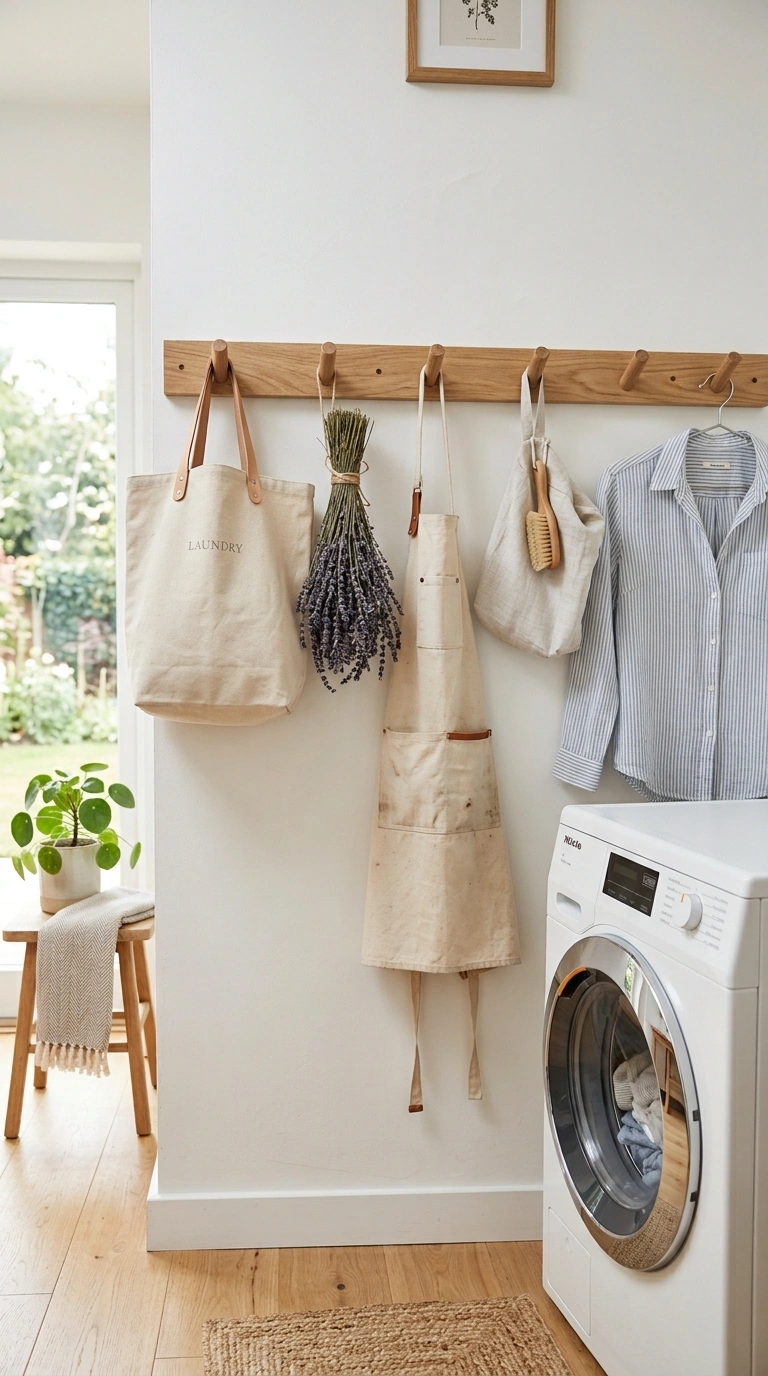 003 Peg Rail Row A white laundry room wall with a long