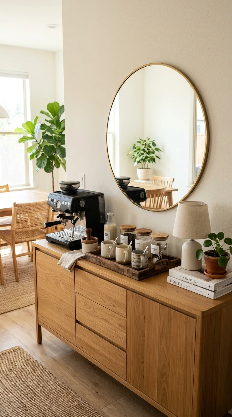 003 Sideboard Coffee Station A warm wood sideboard in