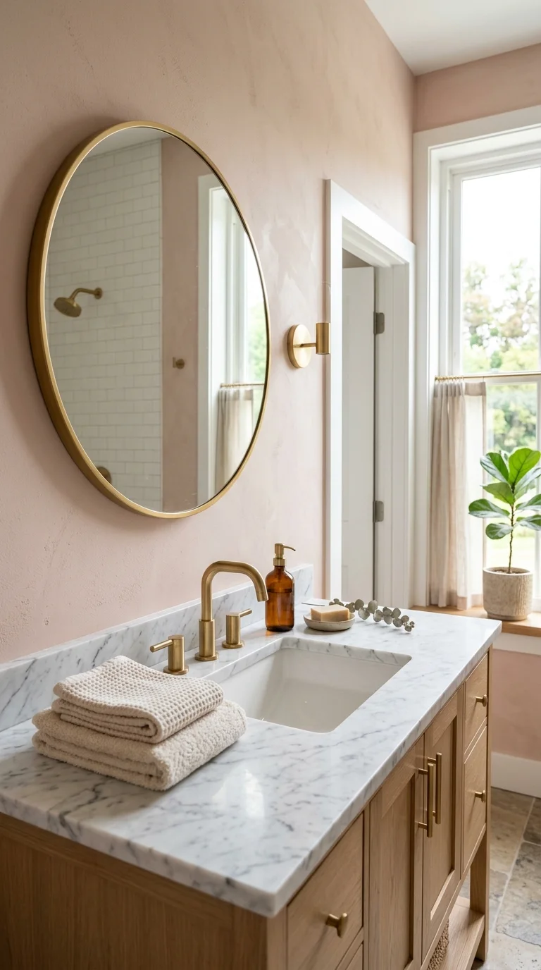 003 Soft Clay Pink A bathroom with soft clay pink wall