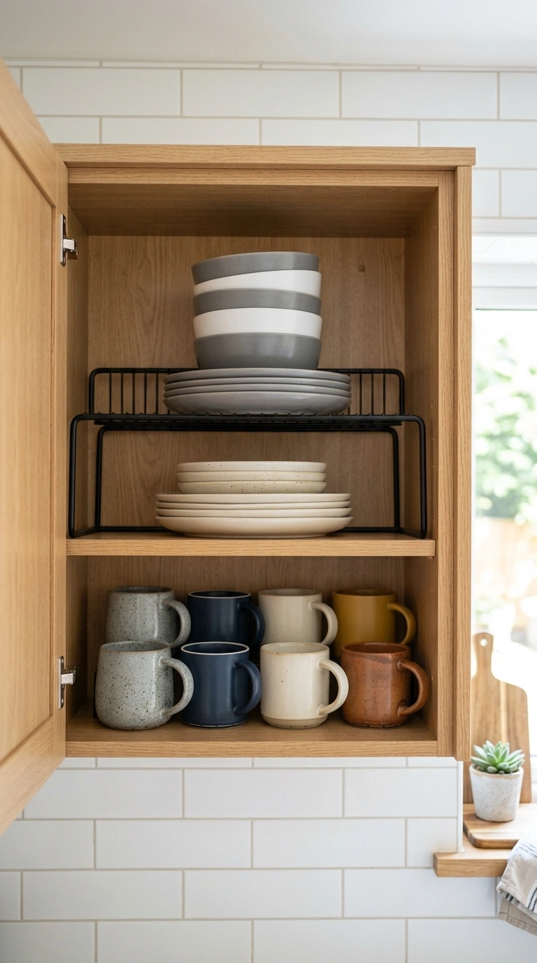 Cabinet Organization Hacks You'll Wish You Knew Sooner (18 Ideas) 4 003 Stackable Wire Shelves An open kitchen cabinet wit