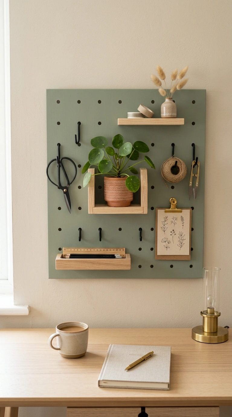 19 Classy Desk Setups That Make Small Workspaces Feel Special 4 003 Style a Pegboard Wall A sage green pegboard mounte