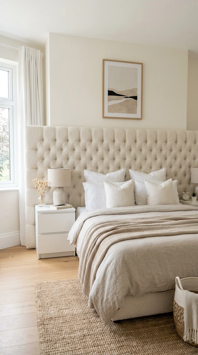 003 Tufted Headboard Wall A bedroom with a tall cream