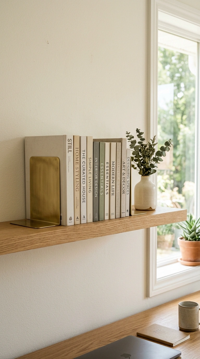 Office Shelf Styling Tips: 12 Easy Ideas 4 003 Use Bookends As Decor A home office shelf with a p