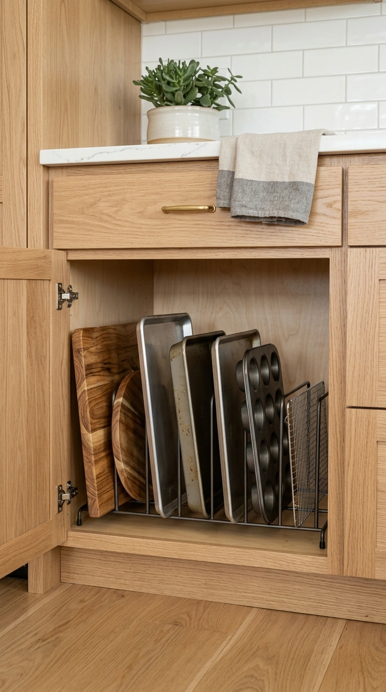 Counter Clutter Gone: 17 Kitchen Organization Ideas 4 003 Vertical Tray Storage An open lower kitchen cabine