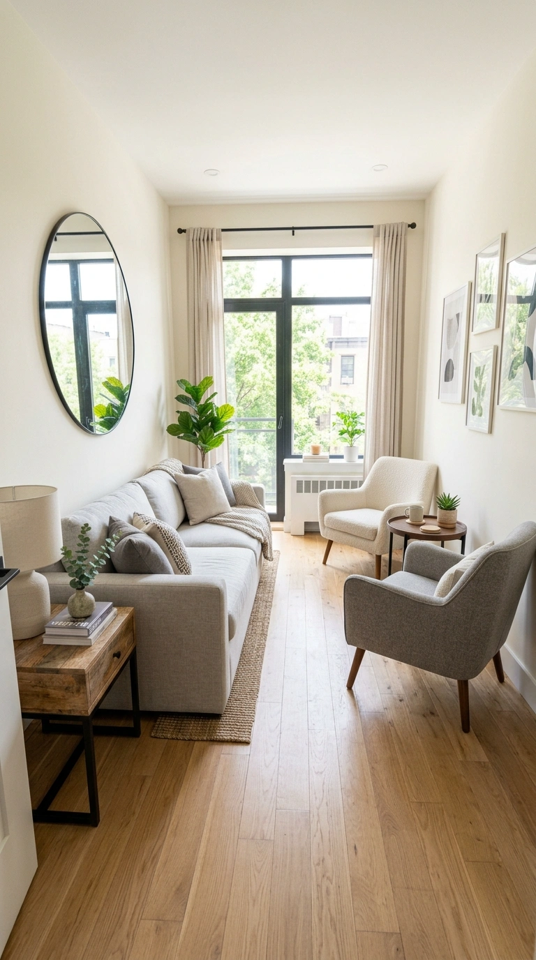 Small Living Room Layouts That Actually Work (22 Ideas) 4 003 Wall Hugging Seating Plan A narrow living room wit 2