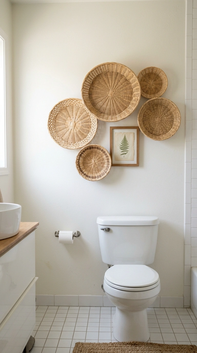 003 Woven Wall Baskets A neutral white bathroom wall a