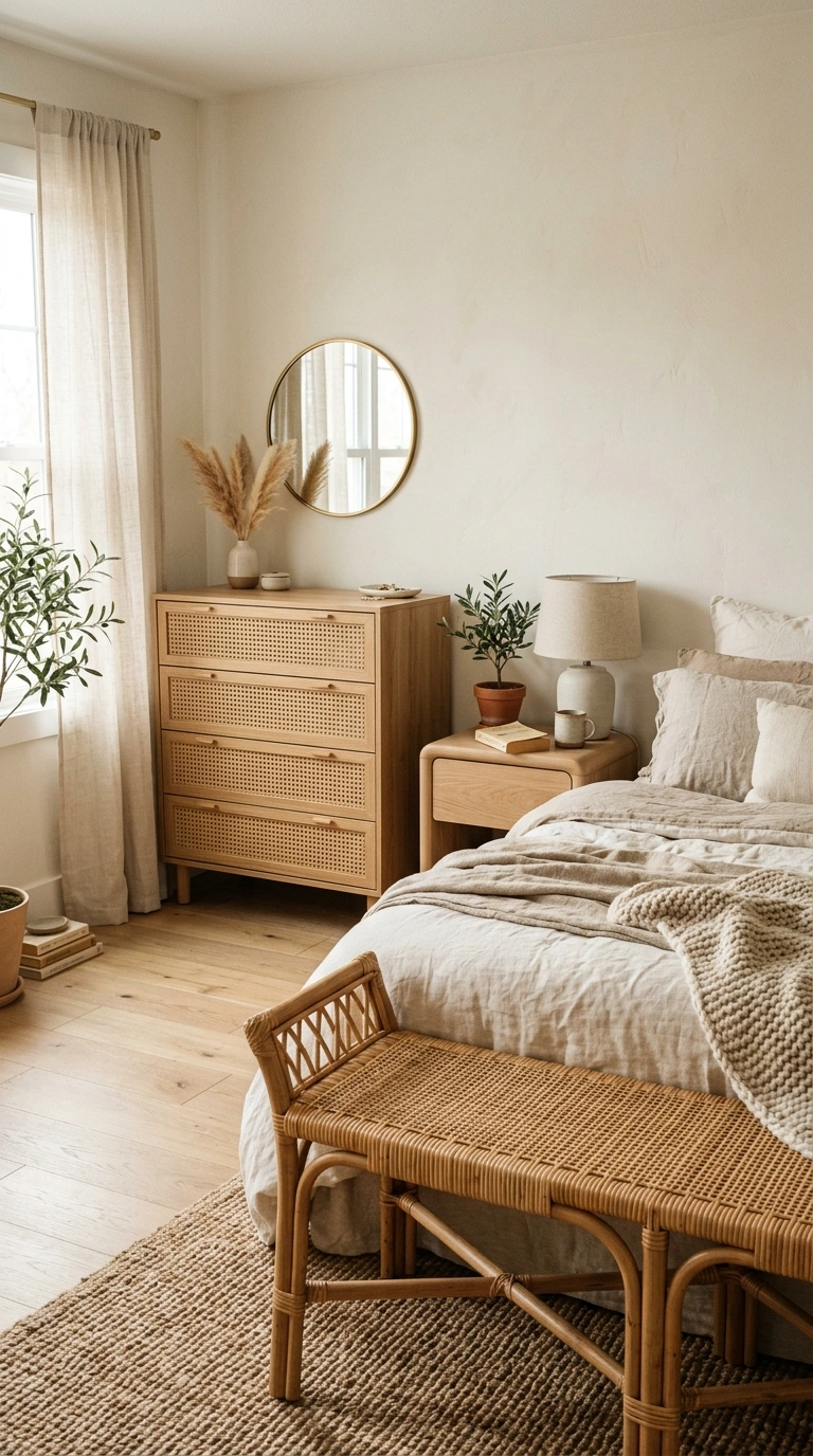 Neutral Bedrooms That Never Go Out of Style (15 Ideas) 4 003 Woven Wood Textures A bedroom corner with a rattan