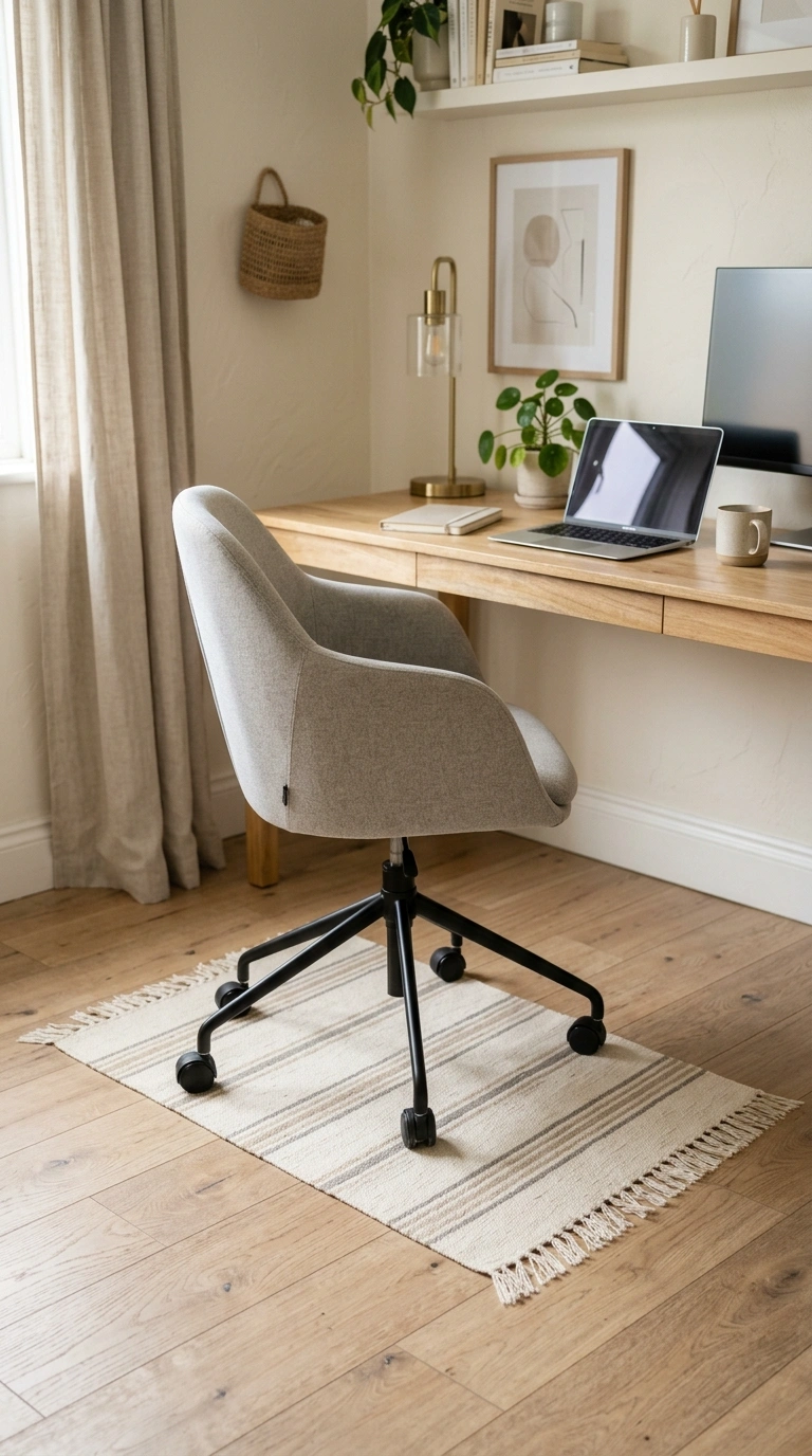 19 Classy Desk Setups That Make Small Workspaces Feel Special 5 004 Add a Small Rug A small cream striped rug placed u