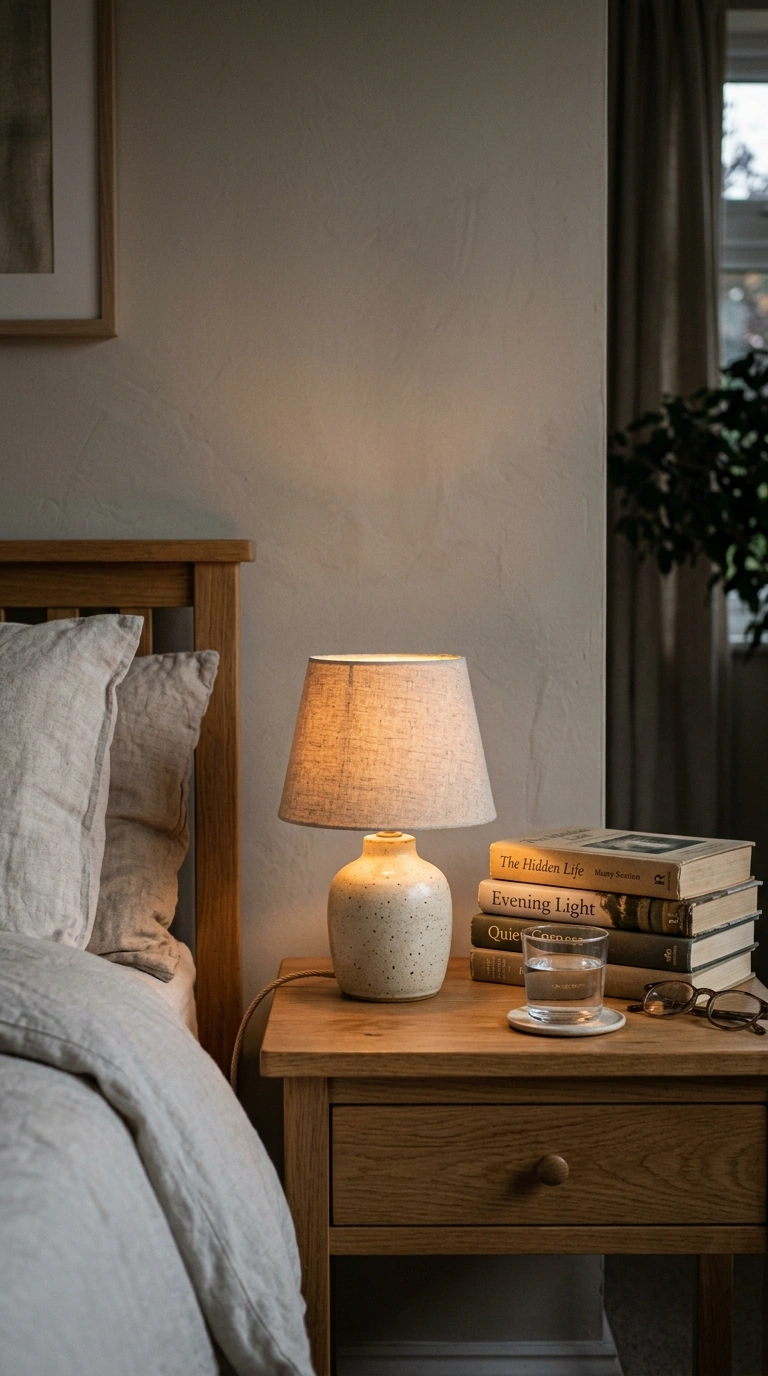 Setting Up a Guest Bedroom? Start Here (13 Essentials) 5 004 Bedside Lamp A small ceramic bedside lamp glowing