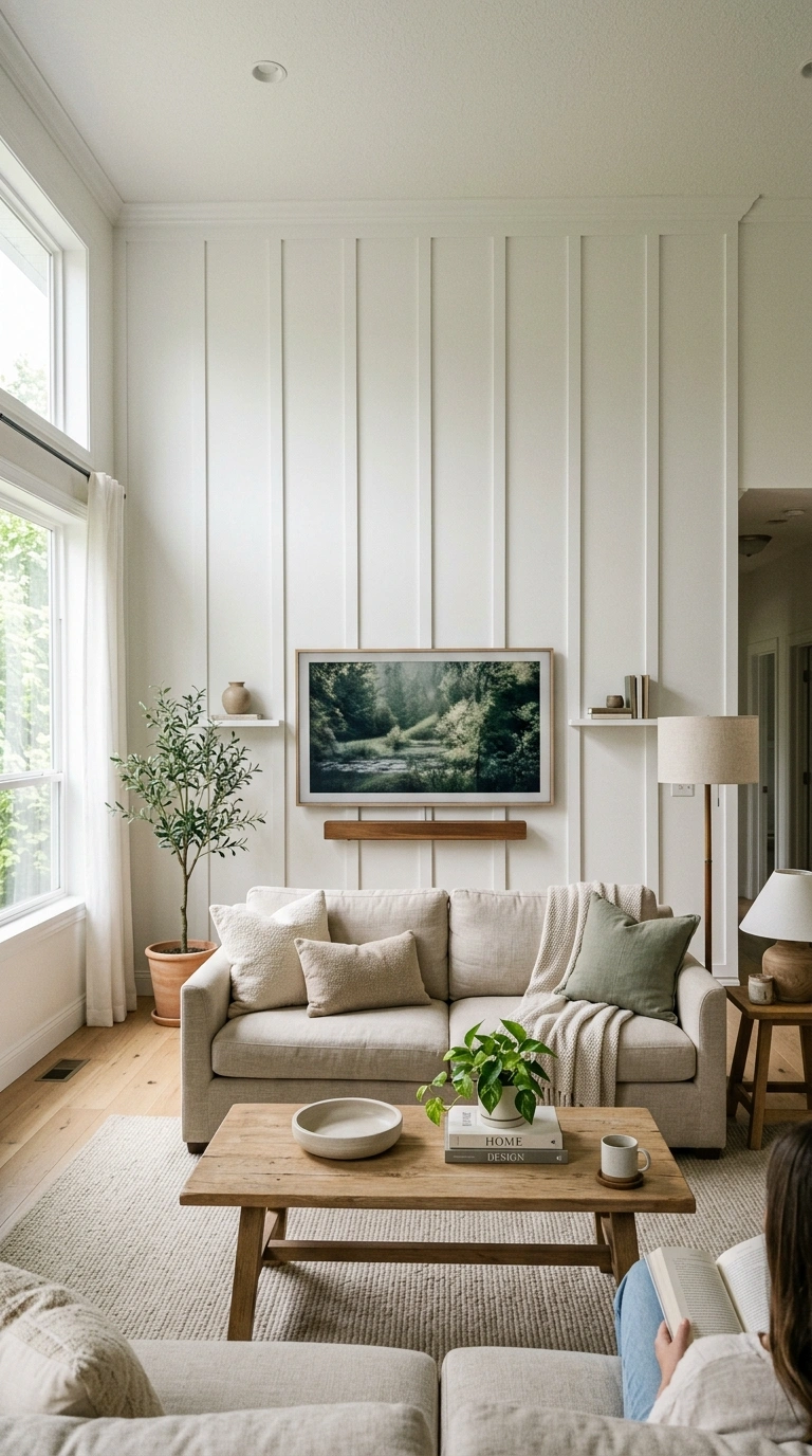 TV Wall Ideas That Don't Look Like an Afterthought (18 Picks) 5 004 Board and Batten A living room wall with white ver