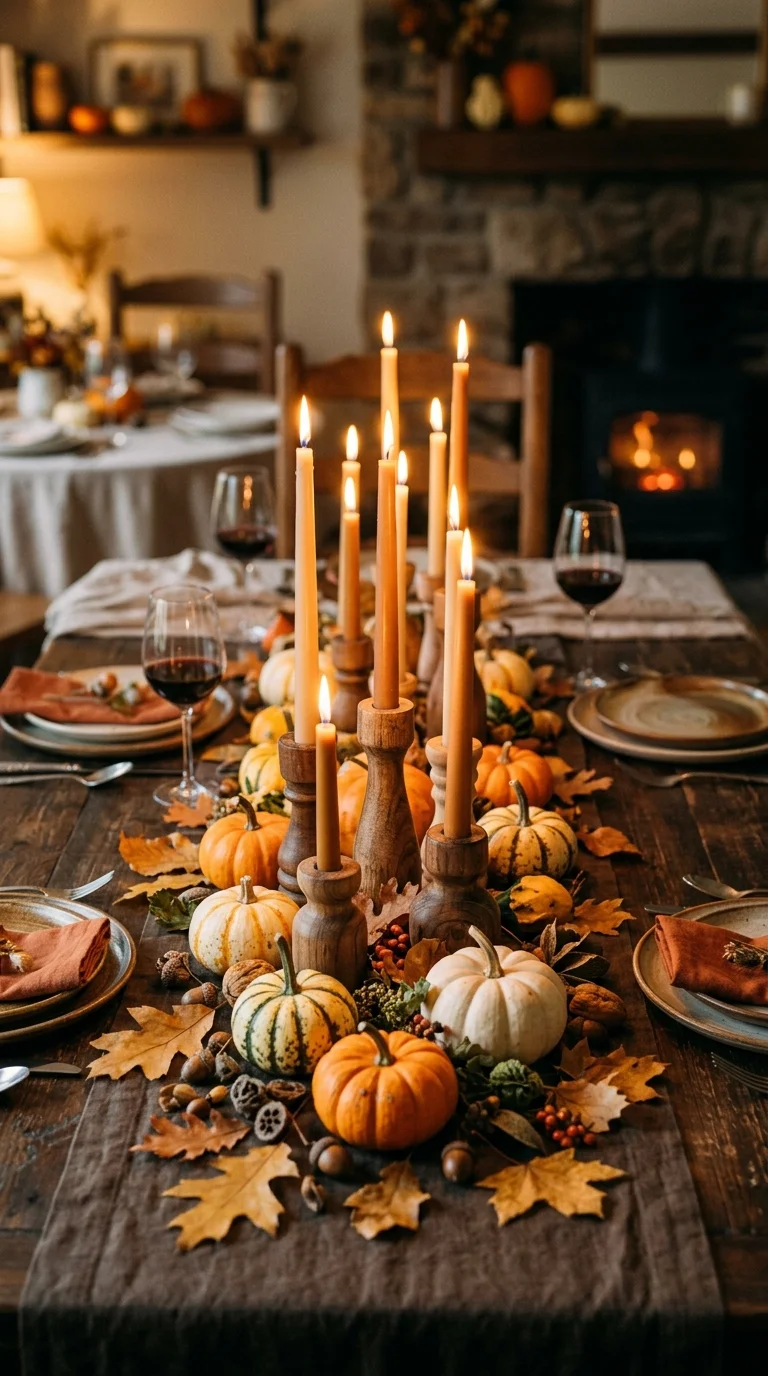 004 Candlelit Harvest Display A dining table with a cl
