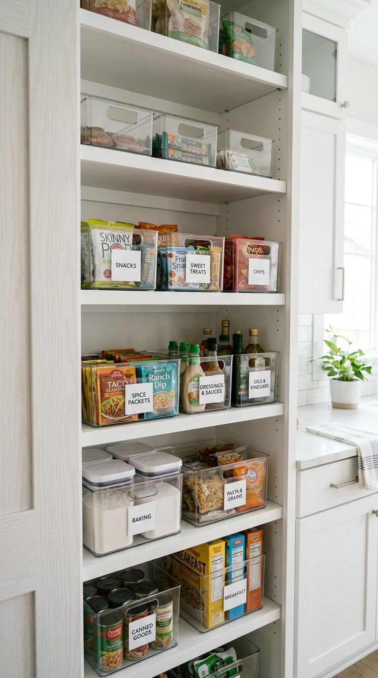 Cabinet Organization Hacks You'll Wish You Knew Sooner (18 Ideas) 5 004 Clear Bin Storage An open pantry cabinet filled wi