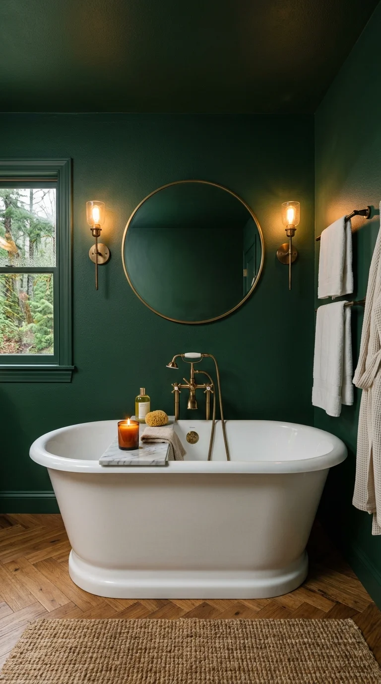 004 Deep Forest Green A bathroom fully painted in deep