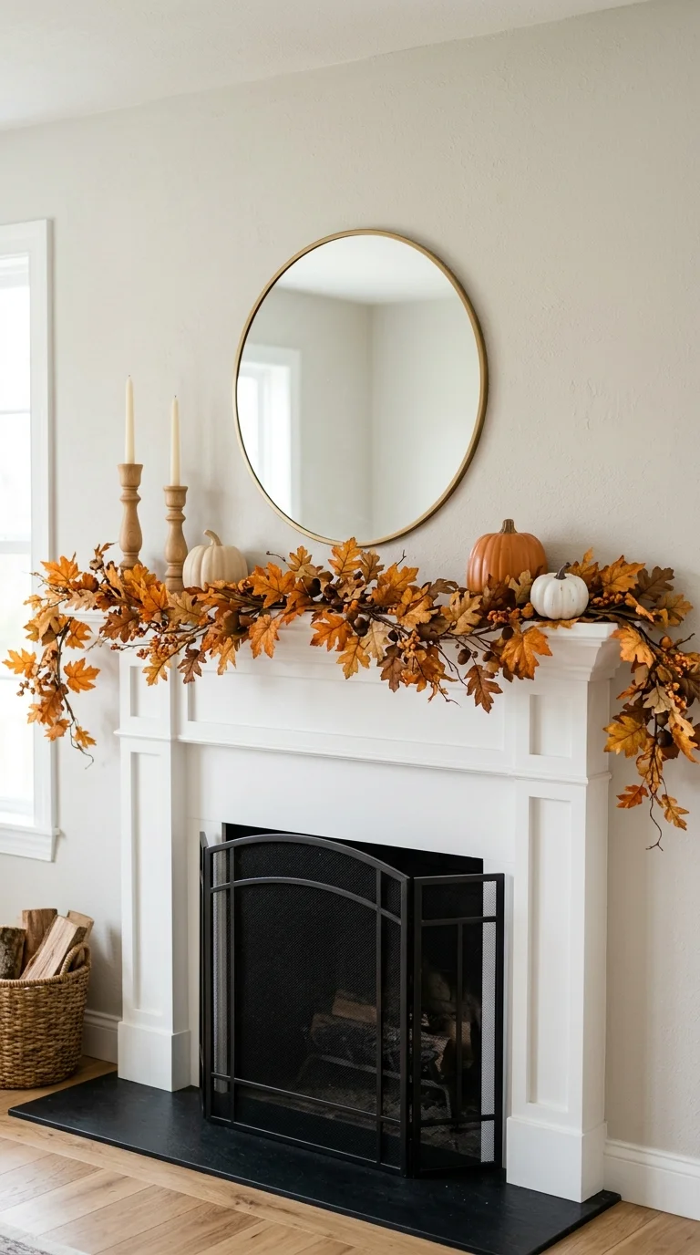 Cozy Fall Decor Ideas for Every Room (21 Picks) 5 004 Fireplace Mantel Garland A white fireplace mantel