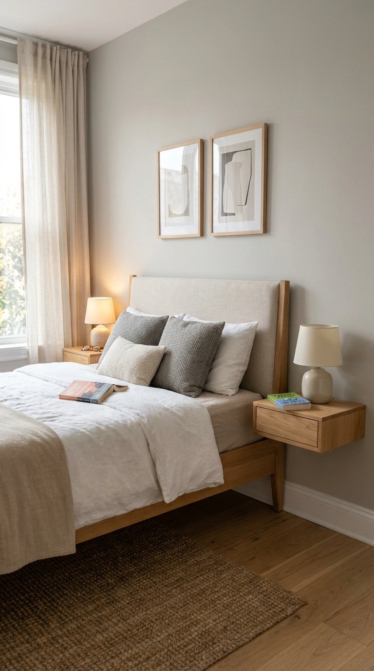 Small Bedroom, Big Style: 19 Layout Ideas 5 004 Floating Nightstands A small bedroom with wall mou
