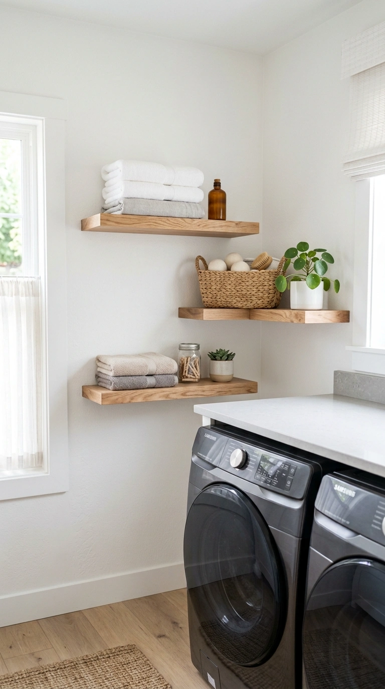 Laundry Shelves Styled Beautifully (13 Ideas) 5 004 Floating Shelf Trio Three staggered light wood flo