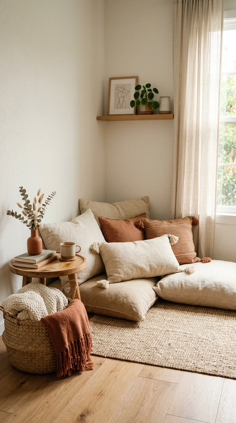 23 Cozy Bedroom Corner Ideas You'll Love 5 004 Floor Cushion Corner A relaxed bedroom corner with