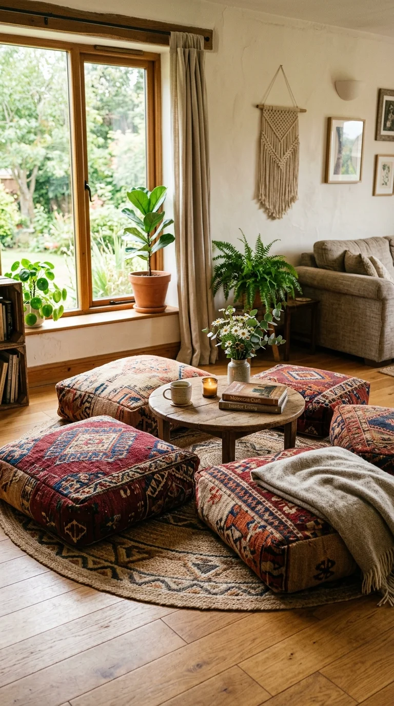23 Budget Boho Living Rooms That Look Anything But Cheap 5 004 Floor Cushion Seating A cluster of large kilim pat